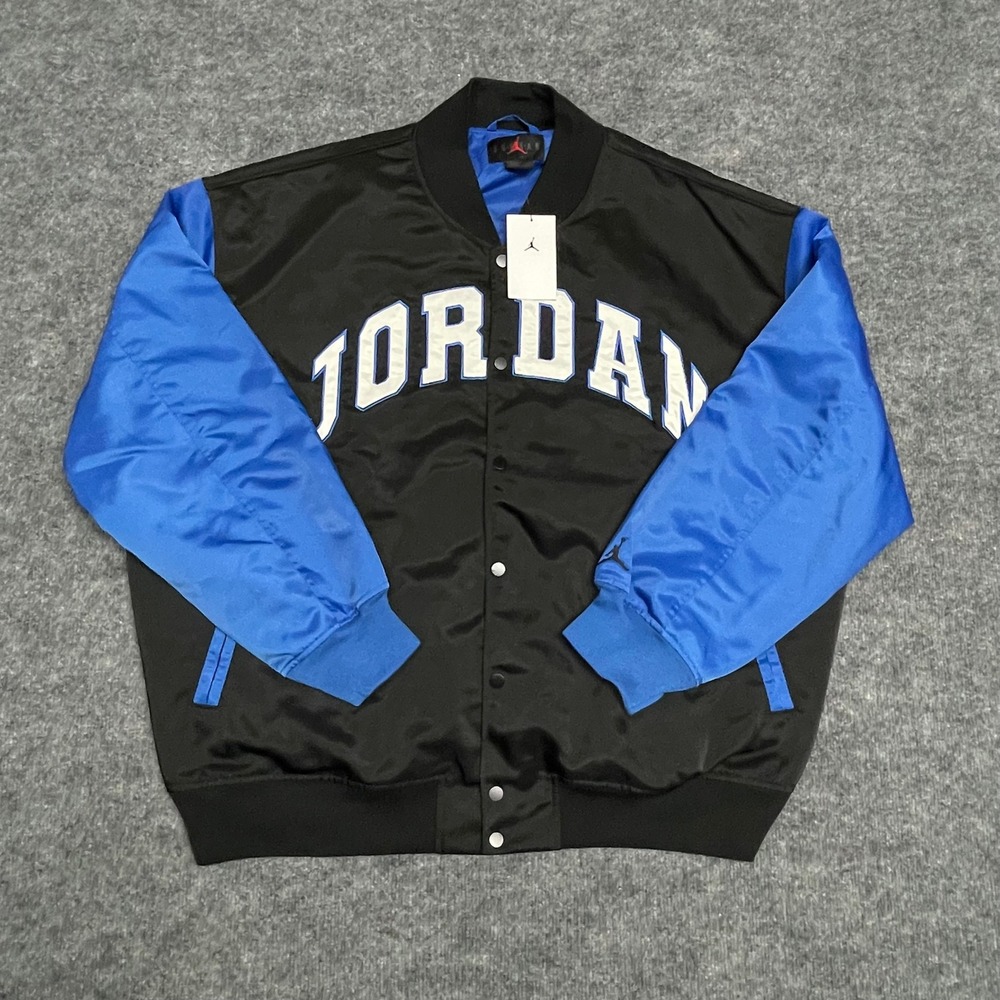 Jordan Jacket Mens XXL 2XL Black Blue Bomber Varsity Satin Jumpman Collegiate